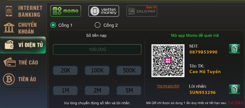 Nạp tiền qua ví điện tử